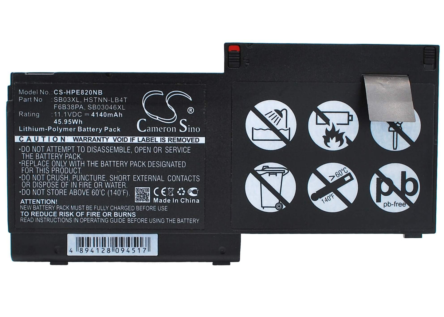 11.1V, 4140mAh, Li-Polymer Battery fits Hp, Elitebook 720 G1(j8x18aa), Elitebook 720 G1-k6n35us, 45.954Wh