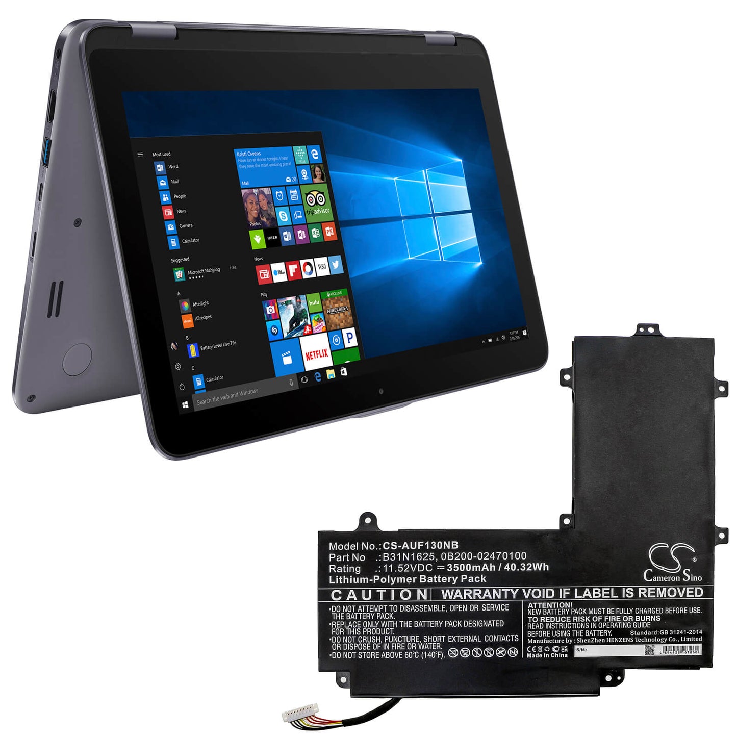 11.52V, 3500mAh, Li-Polymer Battery fits Asus, Tp203mah, Tp203mah-1e, 40.32Wh