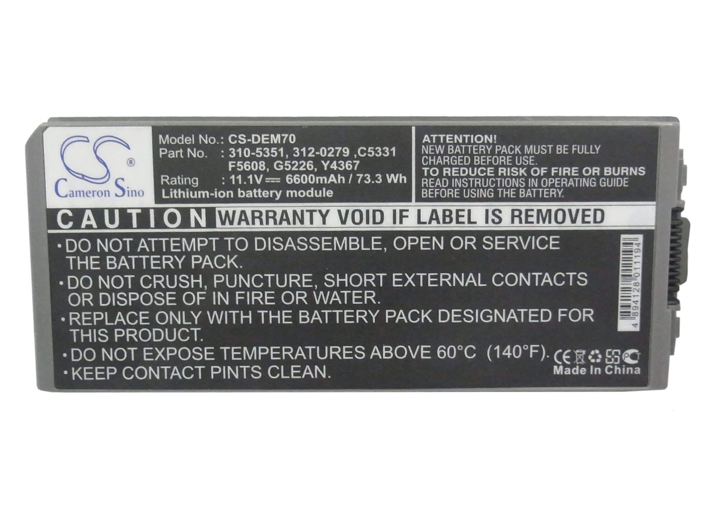 11.1V, 4400mAh, Li-ion Battery fits Dell, Latitude D810, Precision M70, 48.84Wh