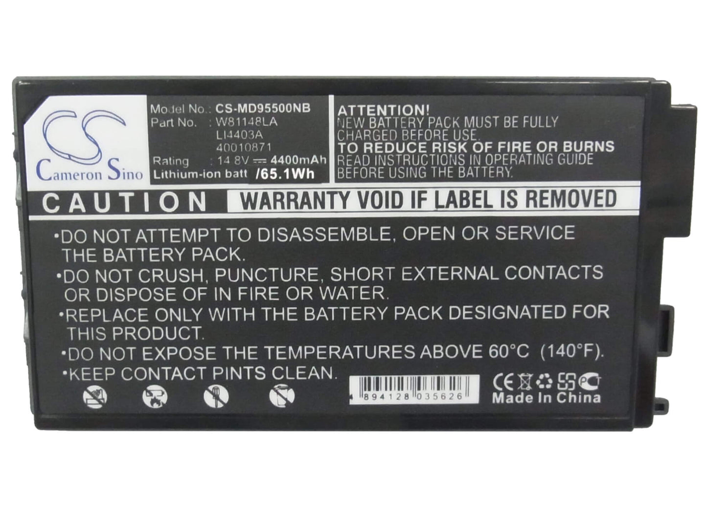 14.8V, 4400mAh, Li-ion Battery fits Medion, Arima A0730, Md95211, 65.12Wh