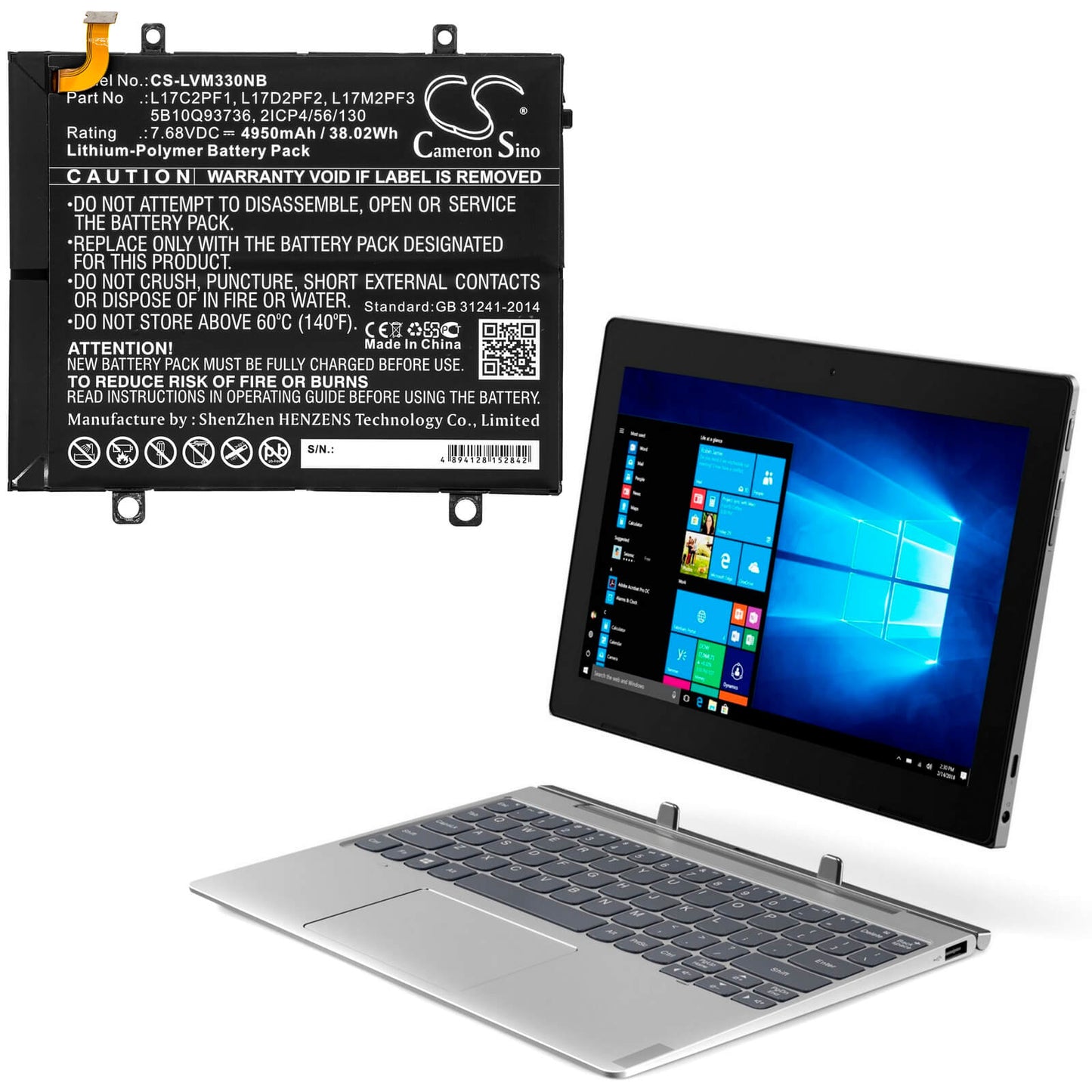 7.68V, 4950mAh, Li-Polymer Battery fits Lenovo, 80xf00dfin, Miix 330, 38.016Wh
