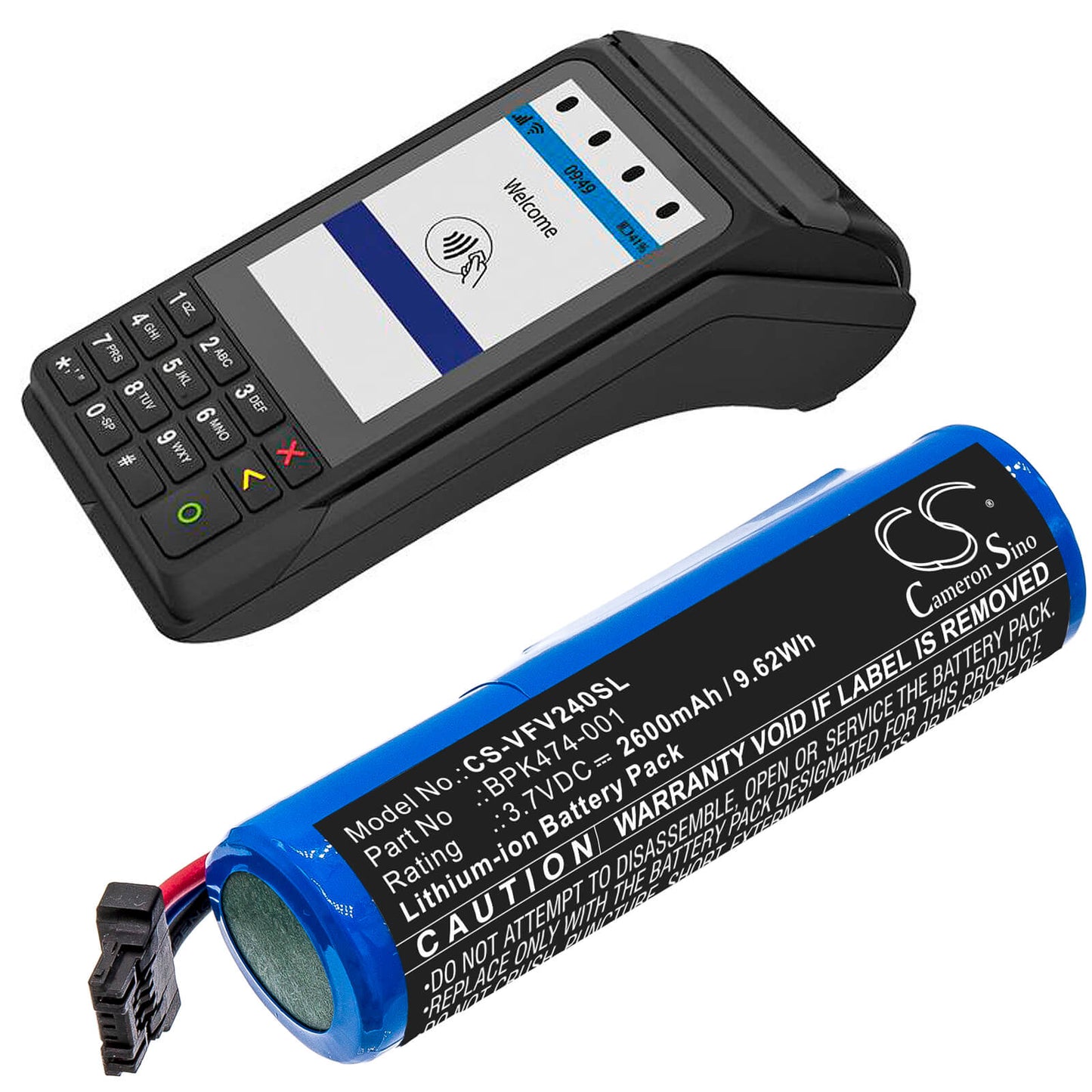 3.7V, 2600mAh, Li-ion Battery fits Verifone, 3gbwc, V240m Plus, 9.62Wh