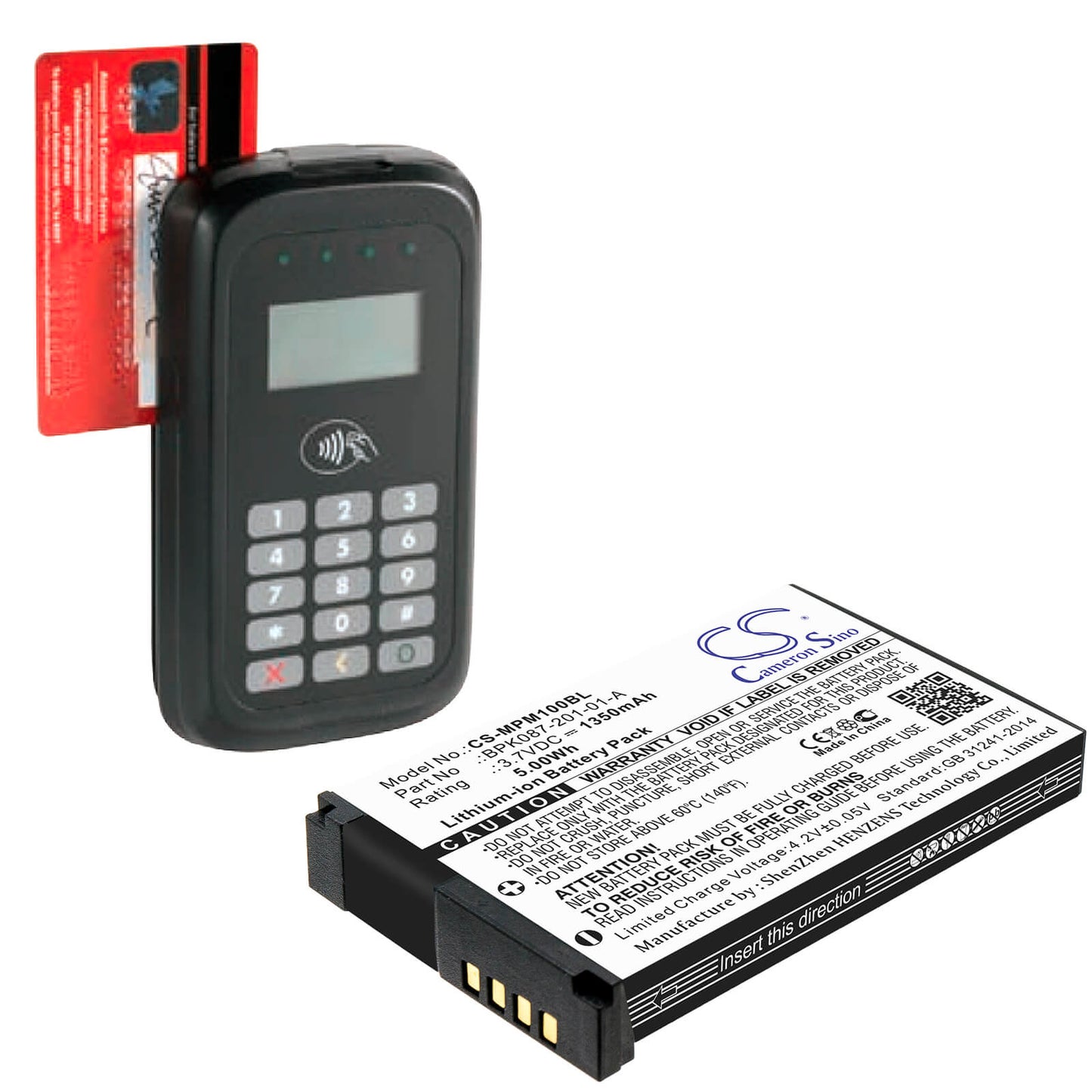 3.7V, 1350mAh, Li-ion Battery fits Verifone, Mpm-100, Vx600 Bluetooth, 4.995Wh