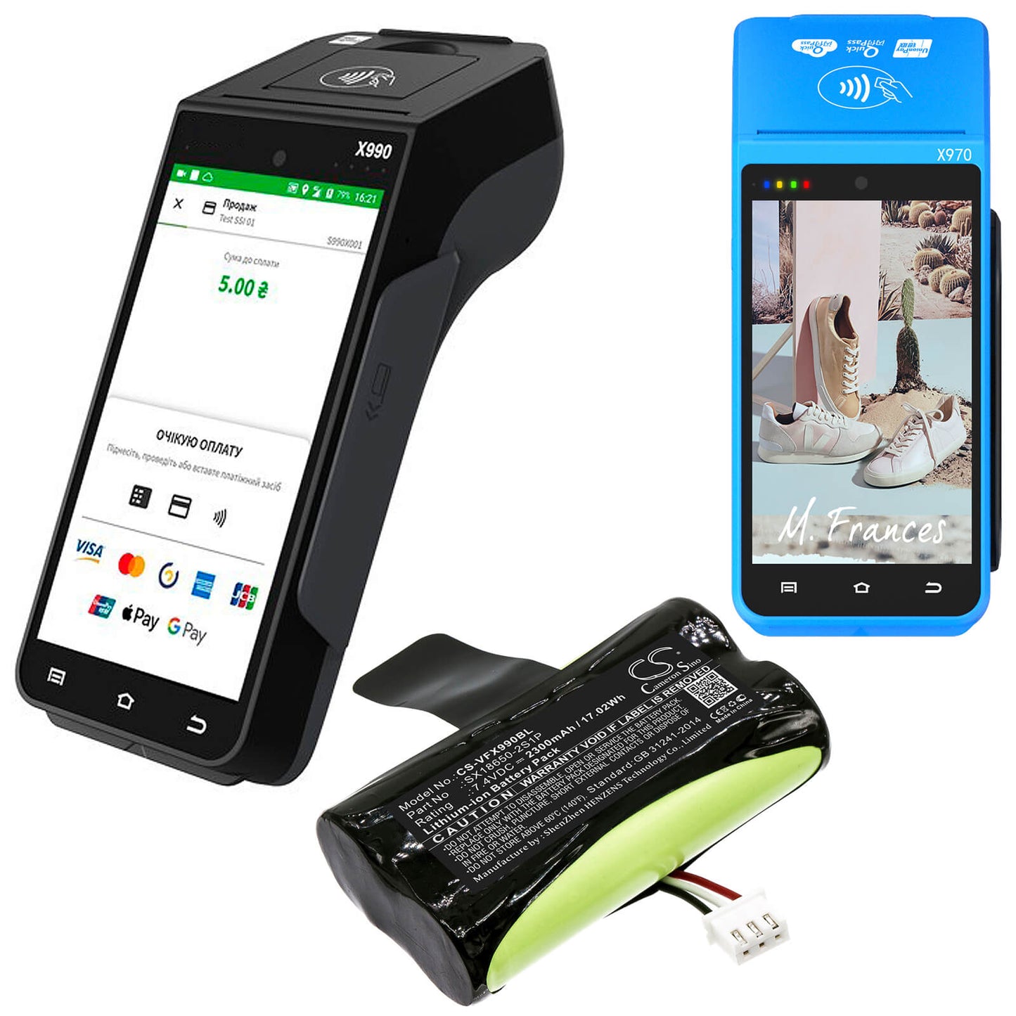 7.4V, 2300mAh, Li-ion Battery fits Verifone, X970, X990, 17.02Wh