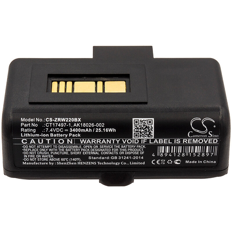 7.4V, 3400mAh, Li-ion Battery fits Zebra, Rw220, Rw320, 25.16Wh