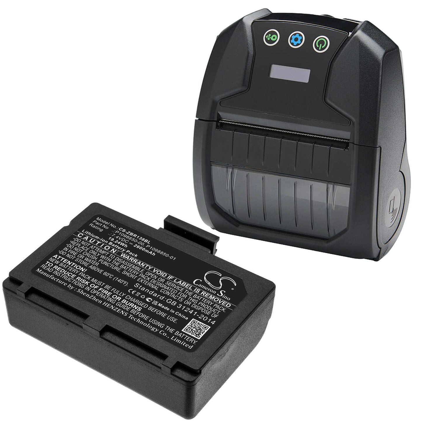 7.4V, 2600mAh, Li-ion Battery fits Zebra, Zr138, 19.24Wh