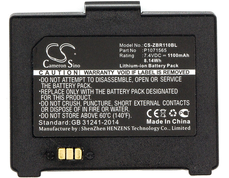 7.4V, 1100mAh, Li-ion Battery fits Zebra, Zq110, Zq220, 8.14Wh
