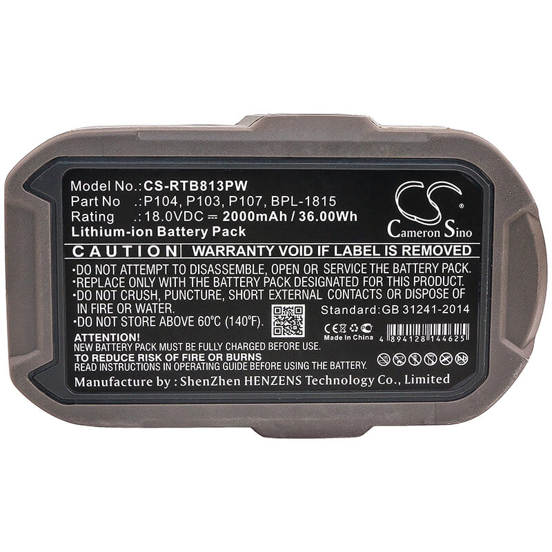 18.0V, 2000mAh, Li-ion Battery fits Ryobi, Bid-1801m, Bid-180l, 36Wh