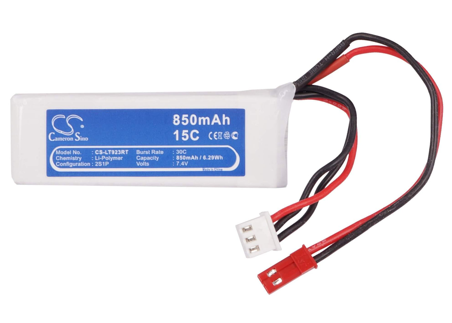 7.4V, 850mAh, Li-Polymer Battery fits Cameron Sino, RC Cars Cs-lt923rt, 6.29Wh