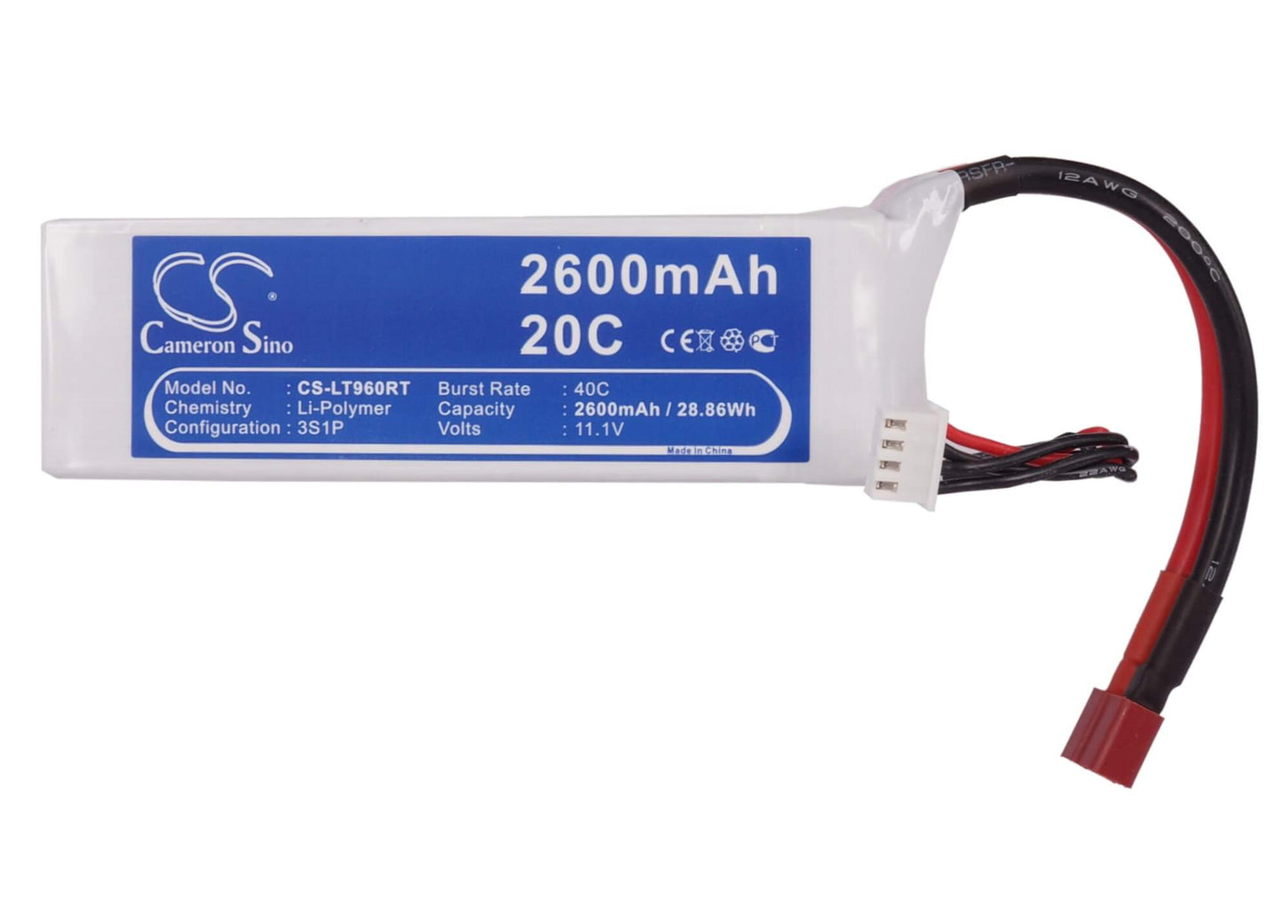 11.1V, 2600mAh, Li-Polymer Battery fits Cameron Sino, RC Cars Cs-lt960rt, 28.86Wh