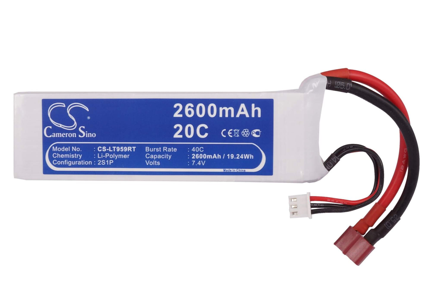 7.4V, 2600mAh, Li-Polymer Battery fits Cameron Sino, RC Cars Cs-lt959rt, 19.24Wh