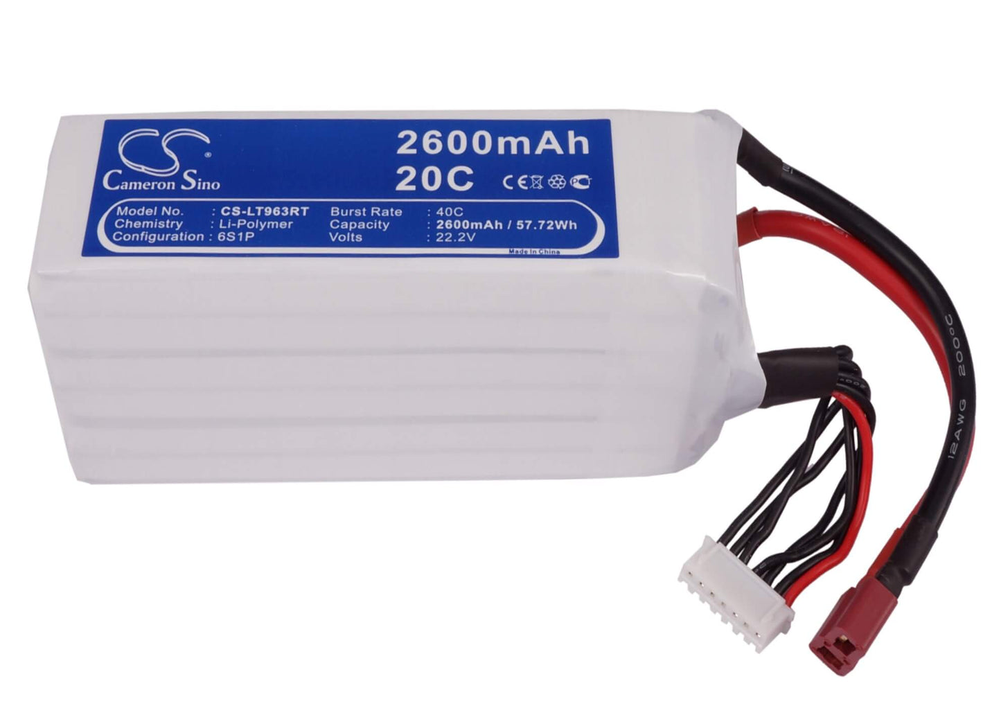 22.2V, 2600mAh, Li-Polymer Battery fits Cameron Sino, RC Fpv Cs-lt963rt, 57.72Wh