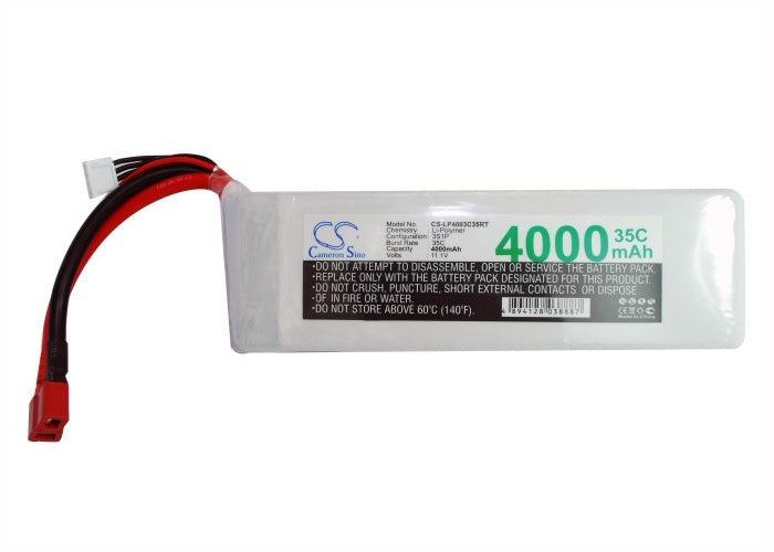 11.1V, 4000mAh, Li-Polymer Battery fits Cameron Sino, RC Helicopters Cs-lp4003c35rt, 44.4Wh