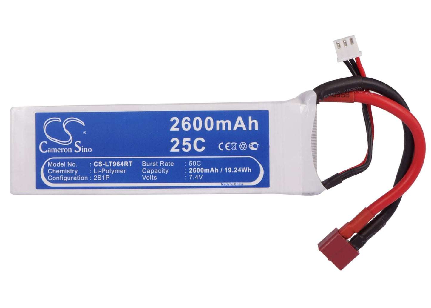 7.4V, 2600mAh, Li-Polymer Battery fits Cameron Sino, RC Tanks Cs-lt964rt, 19.24Wh