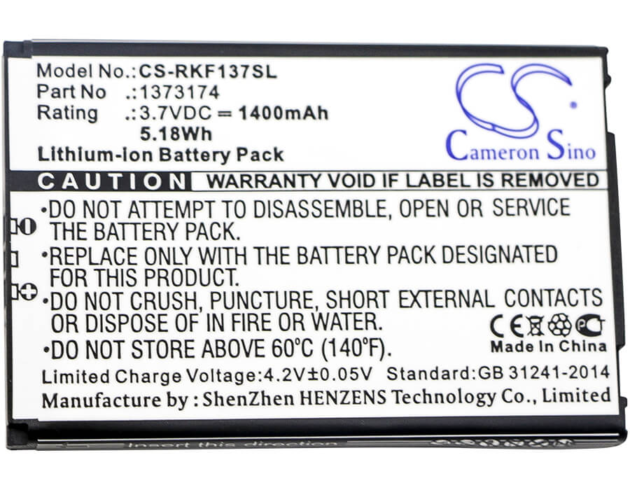 3.7V, 1400mAh, Li-ion Battery fits Renkforce, 1373174, 5.18Wh