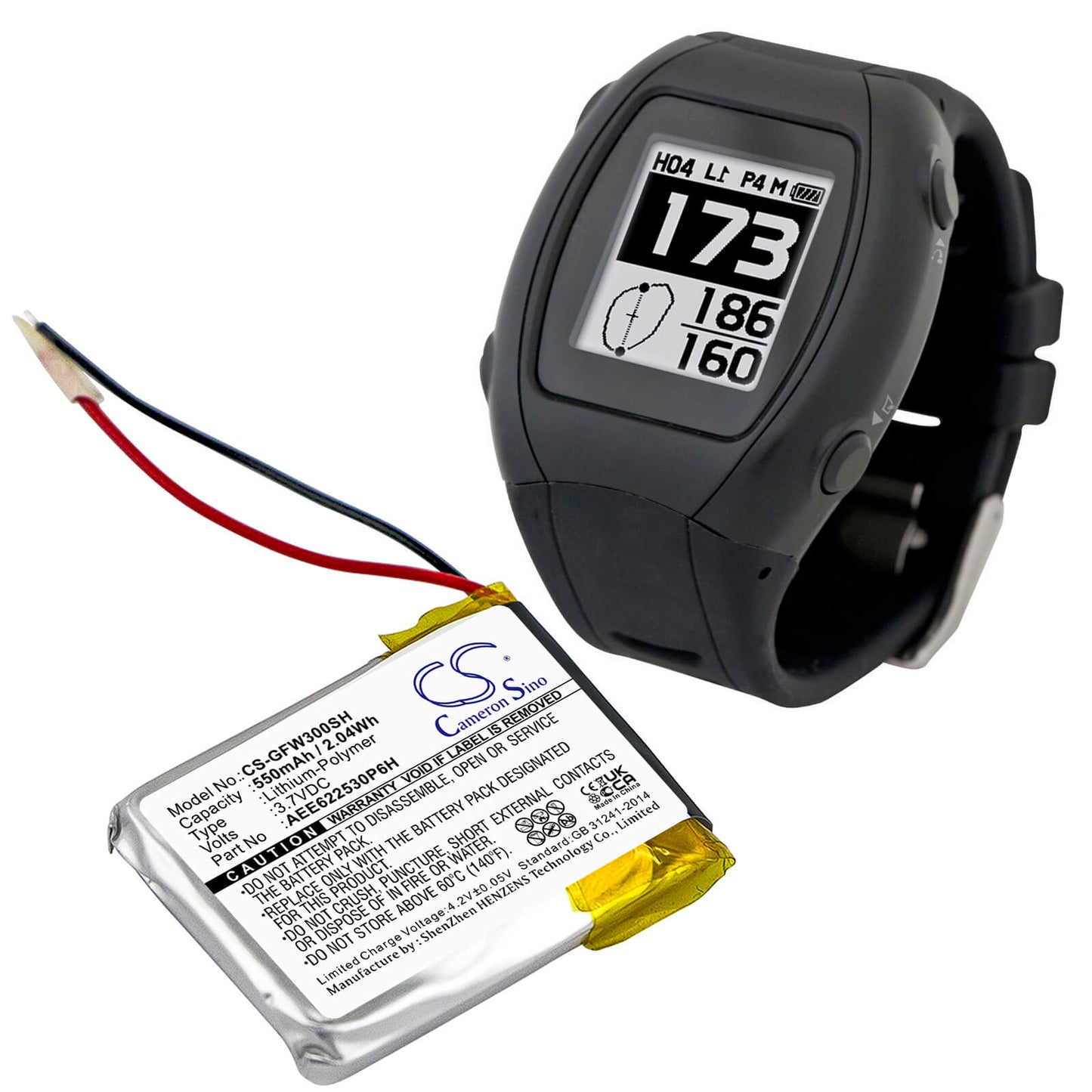 3.7V, 550mAh, Li-Polymer Battery fits Golf Buddy, Wt3 Gps Watch, 2.035Wh