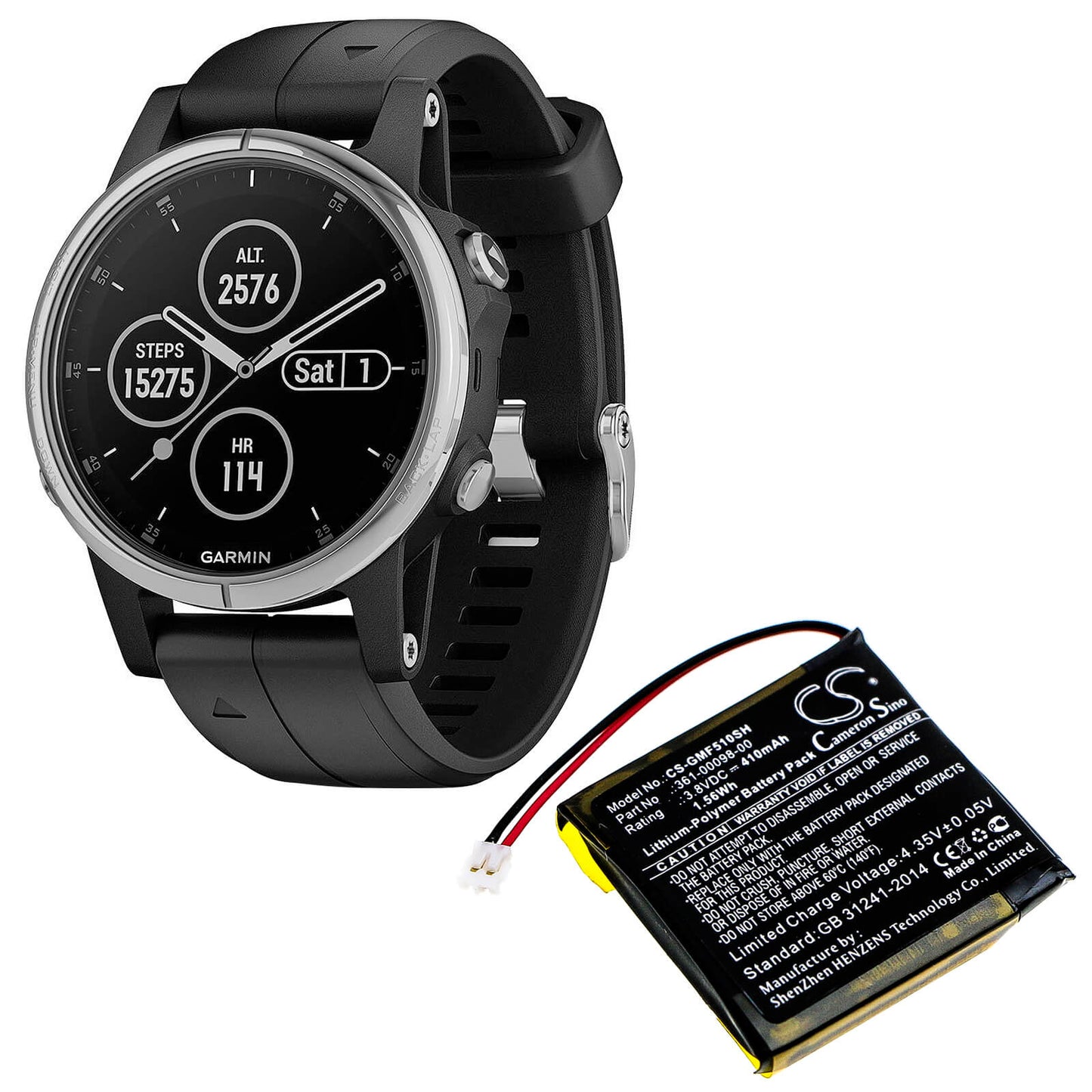 3.8V, 410mAh, Li-Polymer Battery fits Garmin, Fenix 5s Plus, Fenix 5x, 1.558Wh