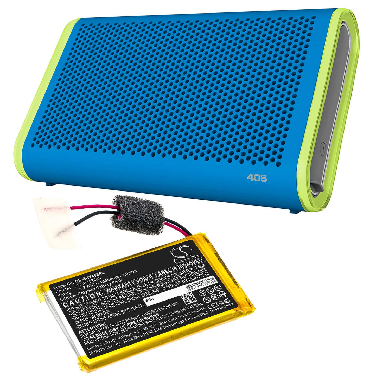 3.7V, 1900mAh, Li-Polymer Battery fits Braven, 405, 7.03Wh