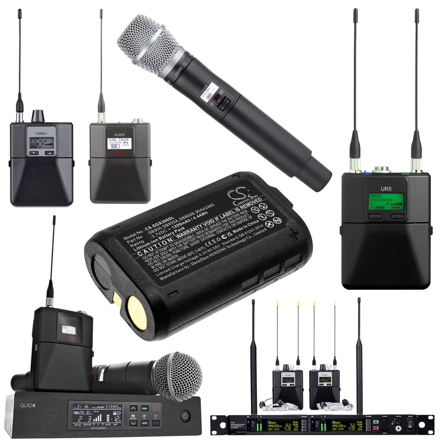 Stage Monitor System 3.7V, 1200mAh, Li-ion Battery fits Shure, P10r, P3ra, 4.44Wh