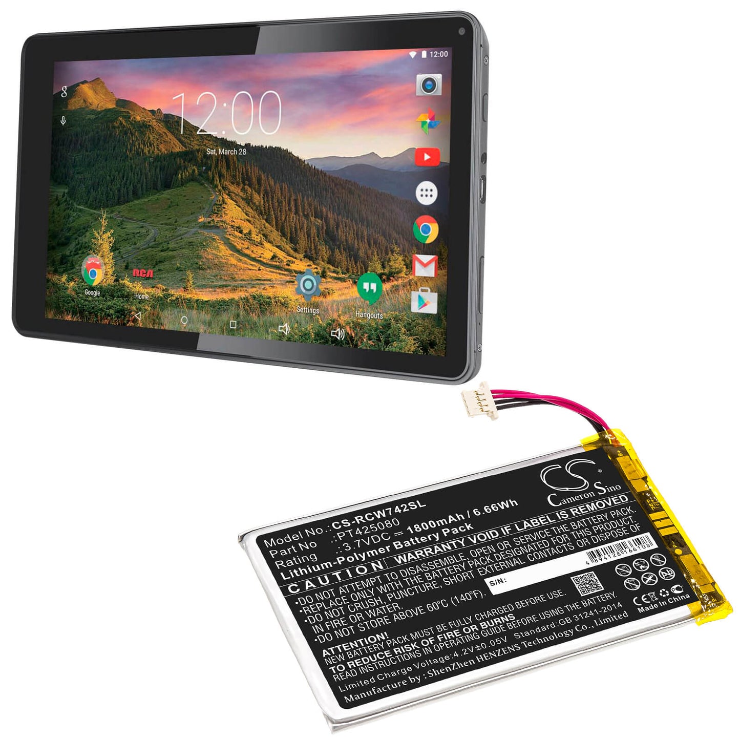 3.7V, 1800mAh, Li-Polymer Battery fits Rca, Rct6773w22, Rct6773w22b, 6.66Wh
