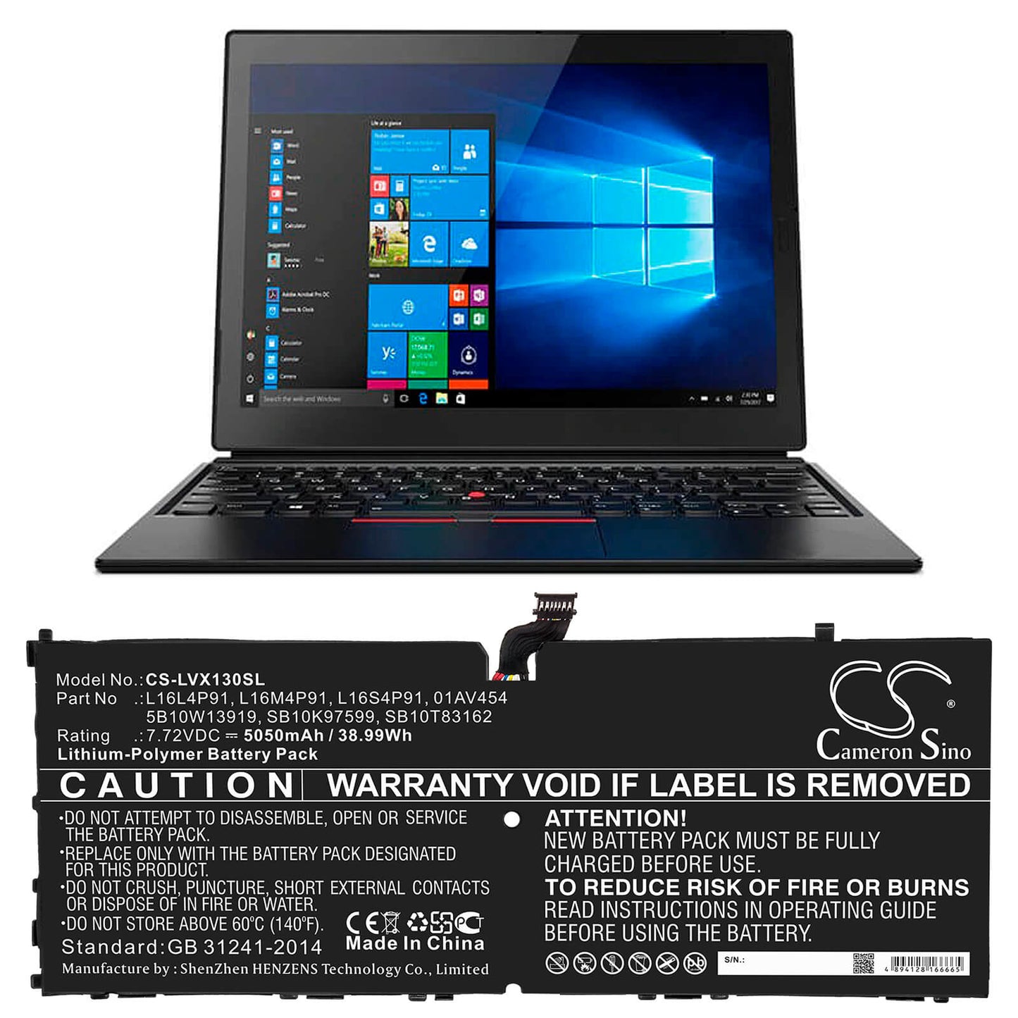 7.72V, 5050mAh, Li-Polymer Battery fits Lenovo, Thinkpad X1 3rd, 38.986Wh
