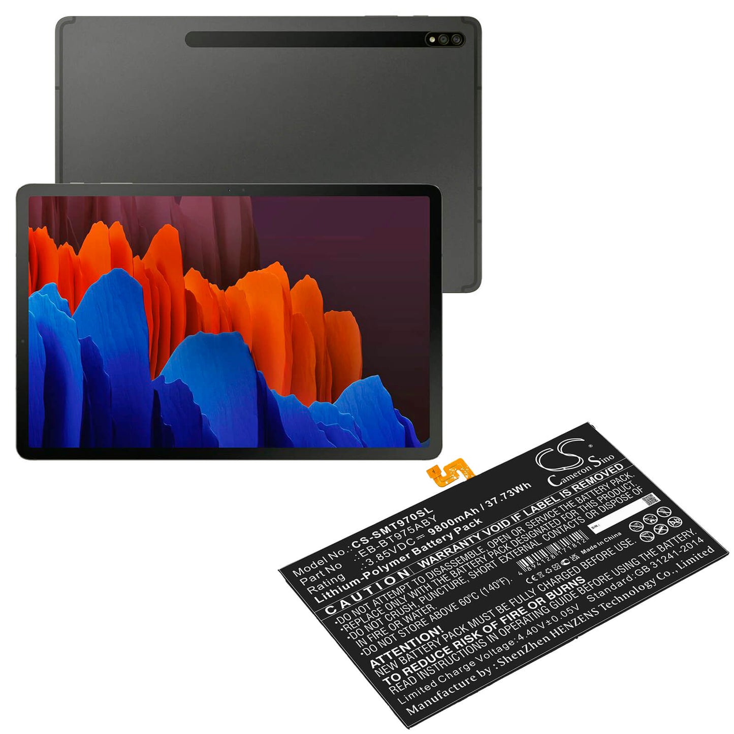 3.85V, 9800mAh, Li-Polymer Battery fits Samsung, Galaxy Tab S7 Plus 12.4, Galaxy Tab S7+ 12.4 2020, 37.73Wh