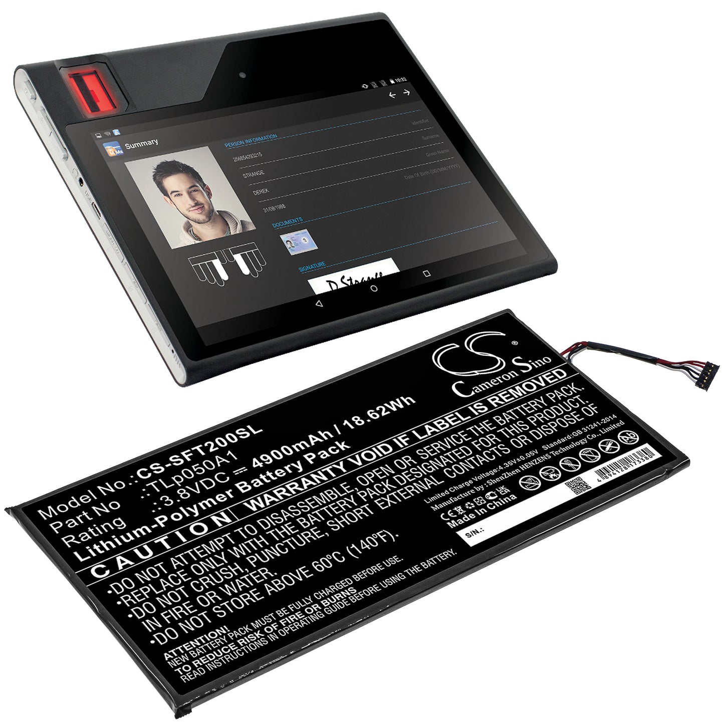 3.8V, 4900mAh, Li-Polymer Battery fits Safran, Morpho Tablet 2, 18.62Wh