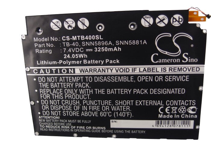 7.4V, 3250mAh, Li-Polymer Battery fits Motorola, Mz604, Xoom, 24.05Wh