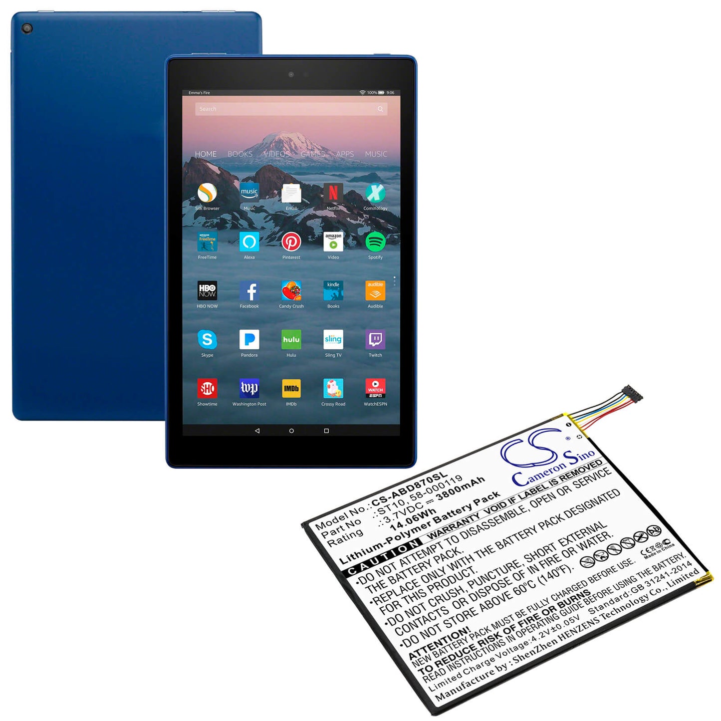 3.7V, 3800mAh, Li-Polymer Battery fits Amazon, B00vkiy9rg, Kindle Fire Hd 10, 14.06Wh