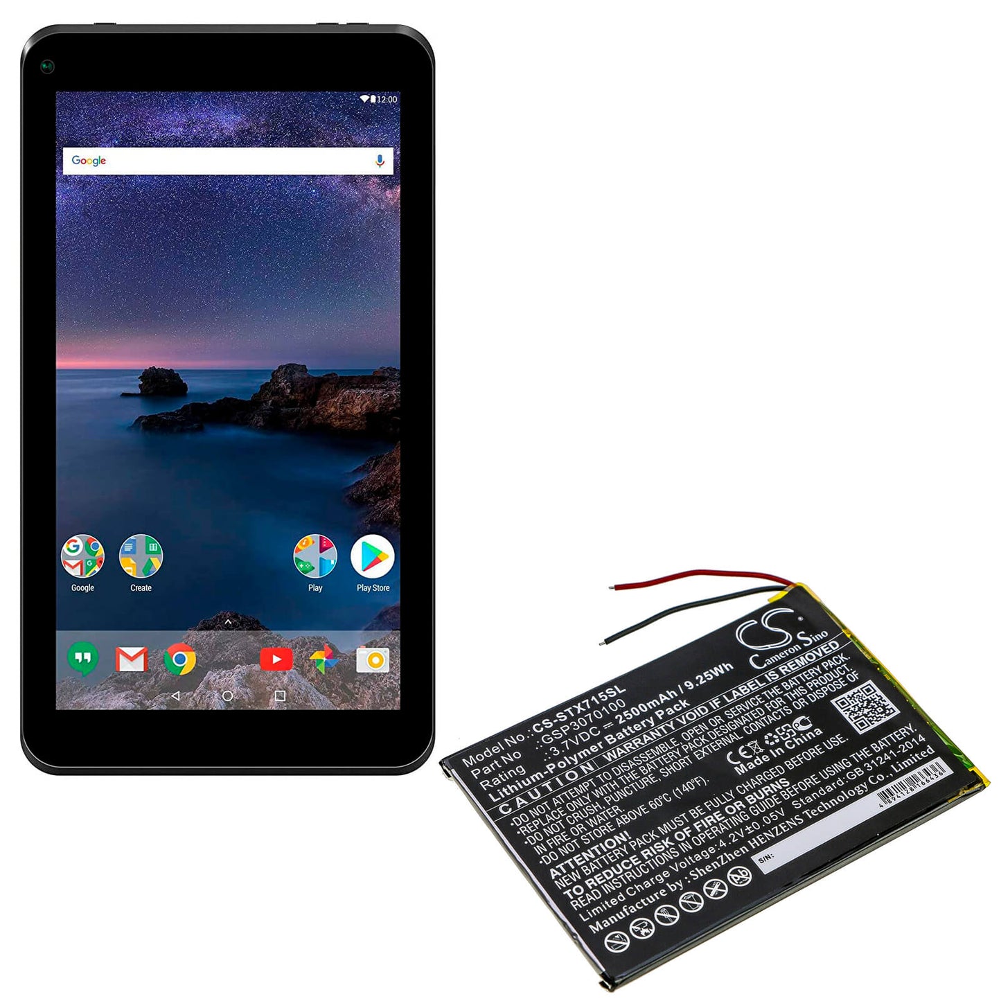3.7V, 2500mAh, Li-Polymer Battery fits Smartab, St7150, 9.25Wh