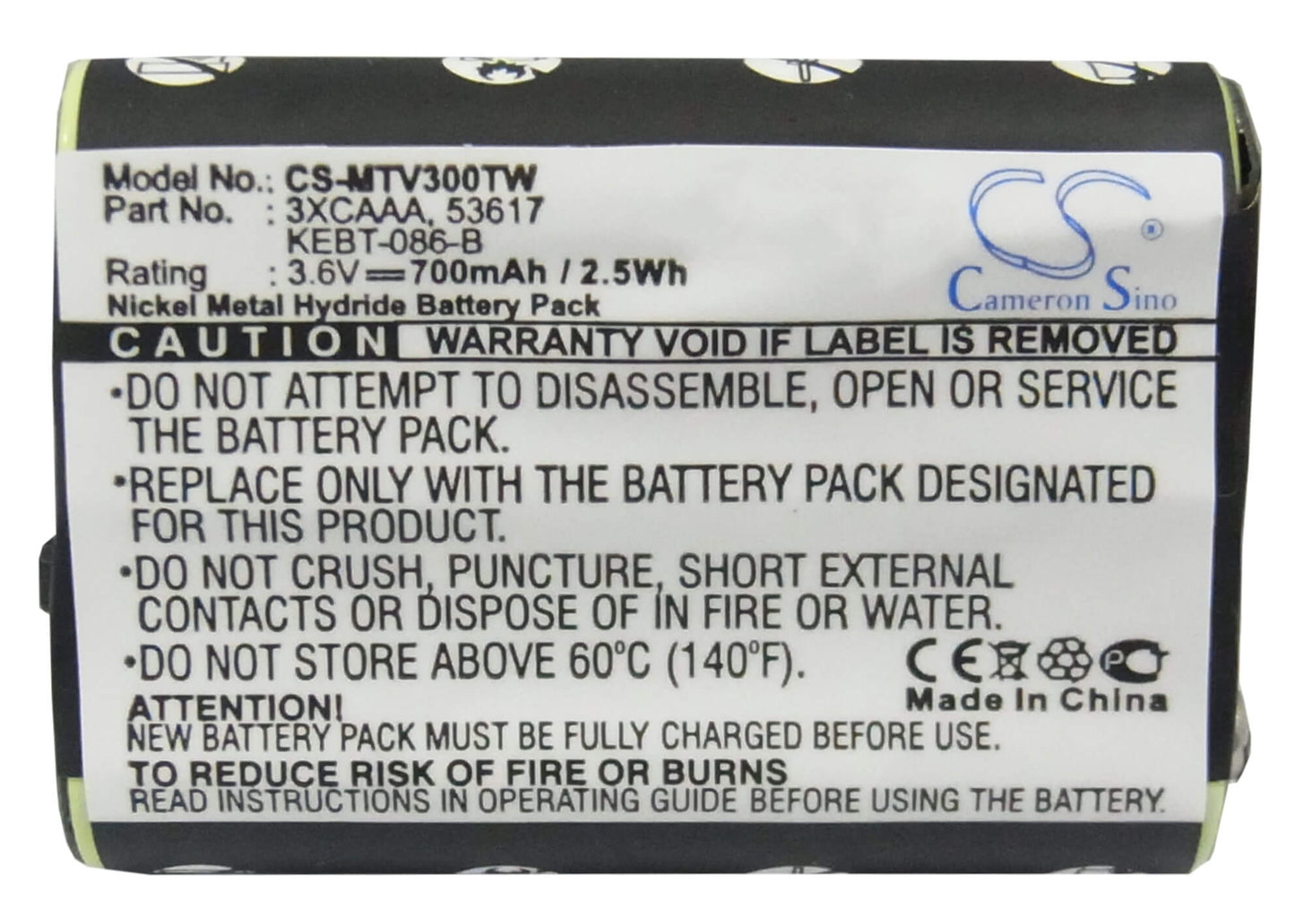 3.6V, 700mAh, Ni-MH Battery fits Motorola, Fv300, Fv500, 2.52Wh