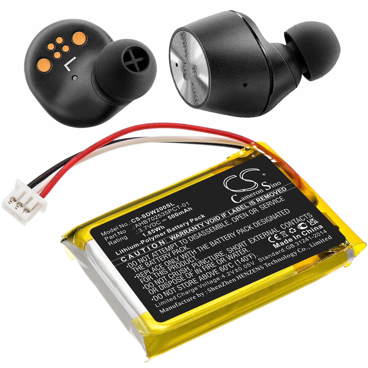 3.7V, 500mAh, Li-Polymer Battery fits Sennheiser, M3aebt, M3ietw, 1.85Wh