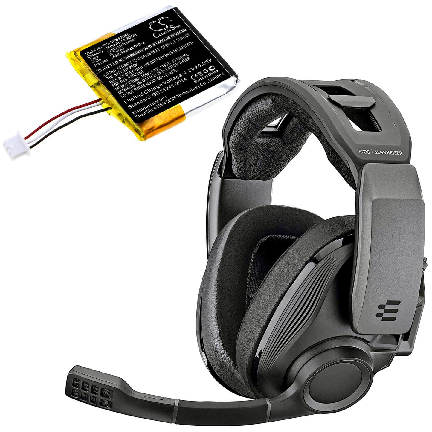 3.7V, 350mAh, Li-Polymer Battery fits Sennheiser, Gsp 350, Gsp 500, 1.295Wh