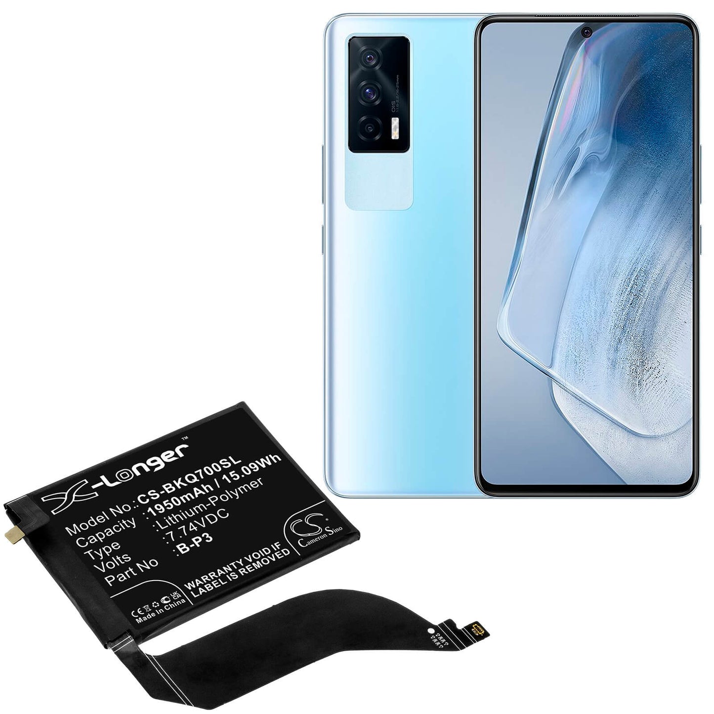 7.74V, 1950mAh, Li-Polymer Battery fits Vivo, Iqoo 7, V2049a, 15.093Wh