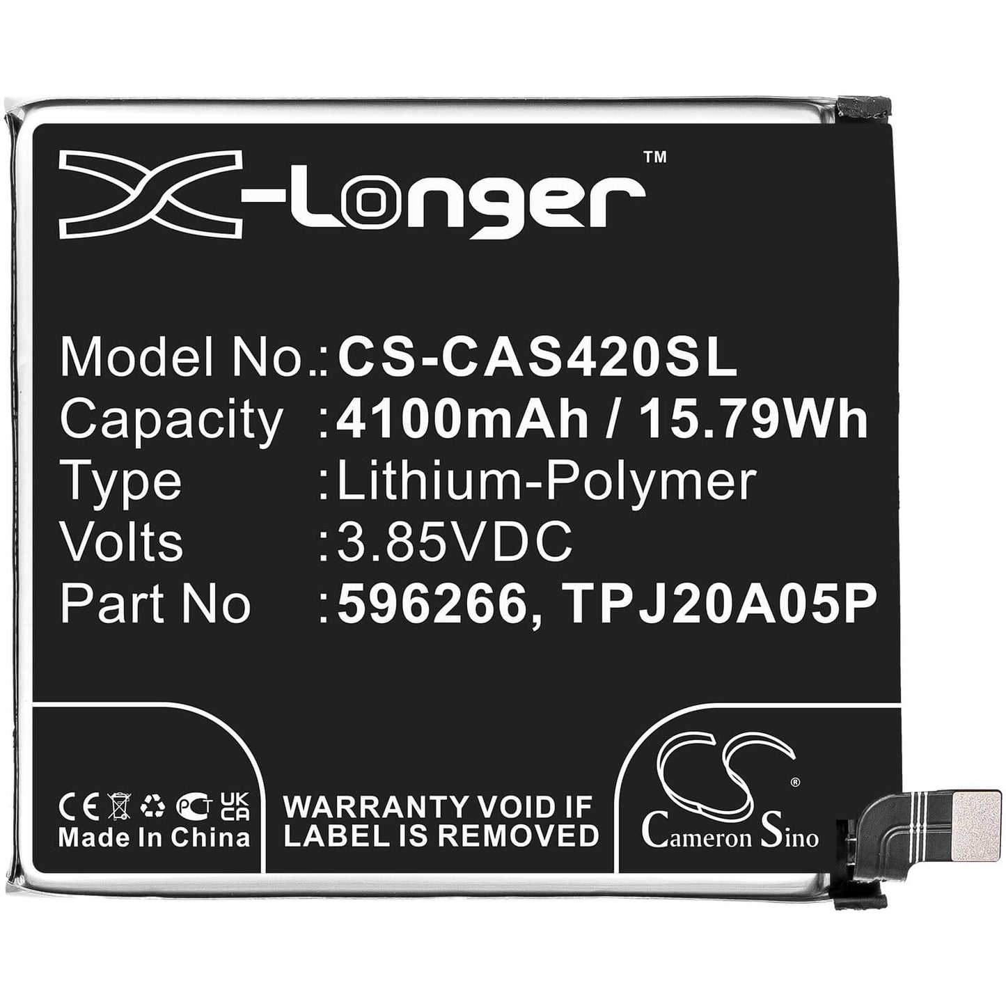 3.85V, 4100mAh, Li-Polymer Battery fits Cat, S42, 15.785Wh