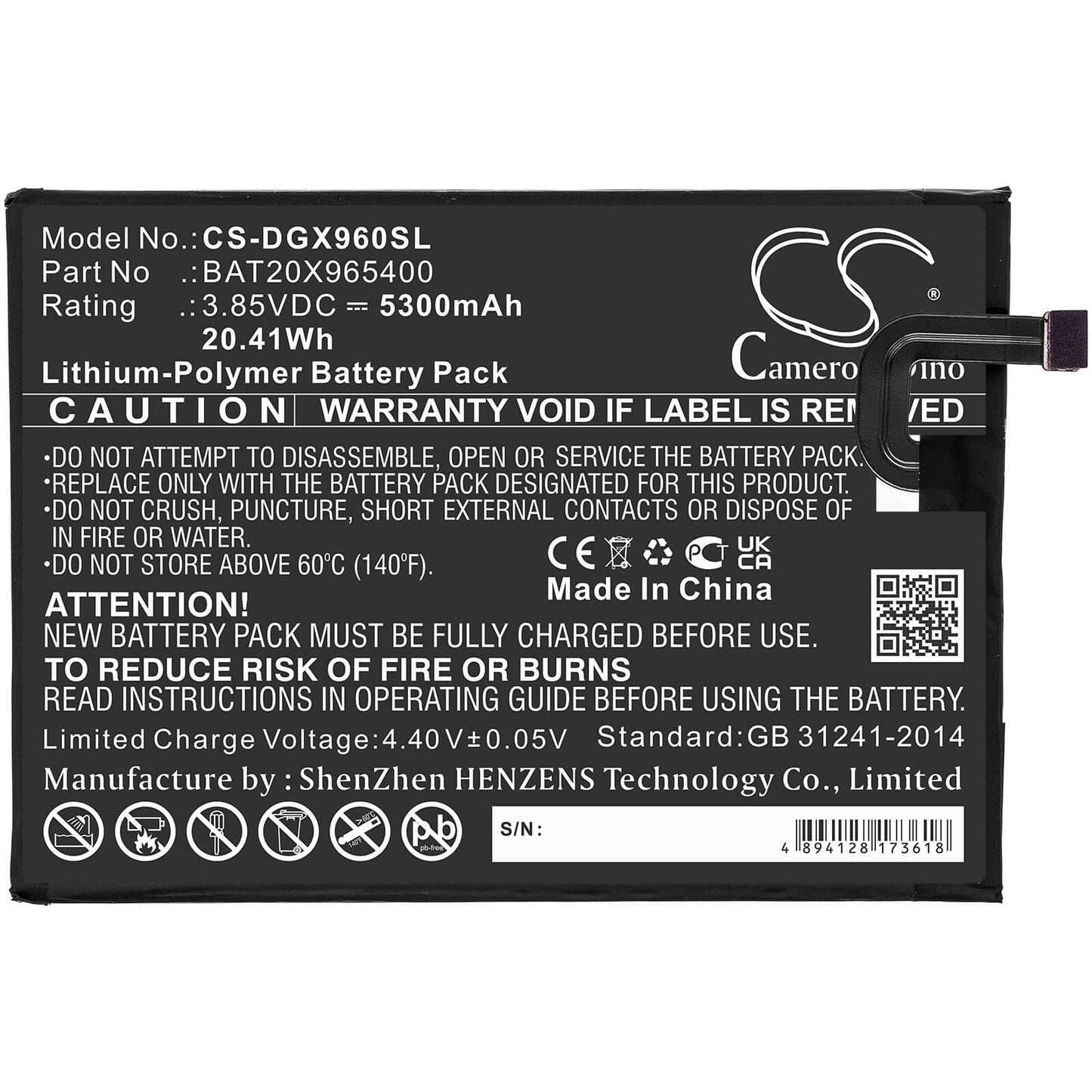 3.8V, 5300mAh, Li-Polymer Battery fits Doogee, X96, 20.14Wh