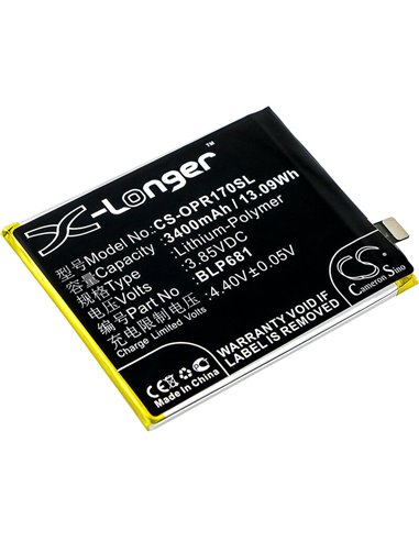 3.85V, 3400mAh, Li-Polymer Battery fits Oppo, Pagt00, R17, 13.09Wh