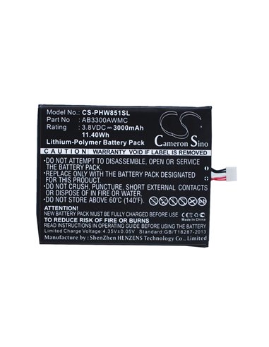 3.8V, 3000mAh, Li-Polymer Battery fits Philips, W8510, Xenium W8510, 11.4Wh