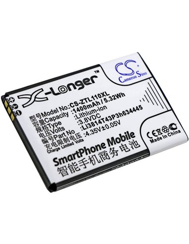 3.8V, 1400mAh, Li-ion Battery fits Zte, Blade L110, Blade L110 Dual Sim, 5.32Wh