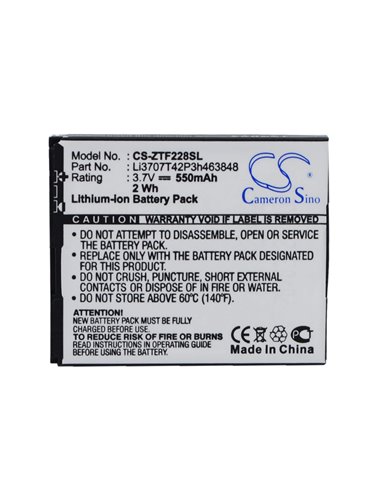 3.7V, 550mAh, Li-ion Battery fits Zte, A711, A933, 2.035Wh