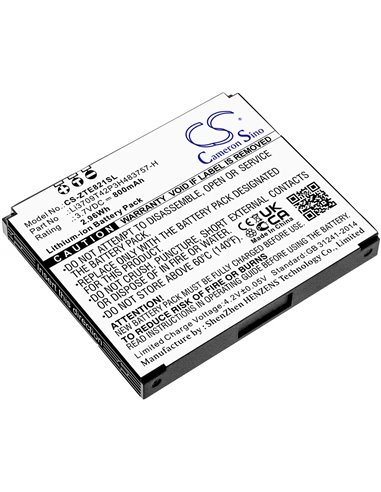 3.7V, 800mAh, Li-ion Battery fits Zte, E821, 2.96Wh