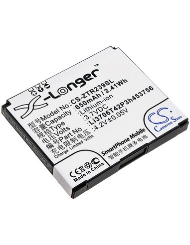 3.7V, 650mAh, Li-ion Battery fits Zte, R239, 2.405Wh