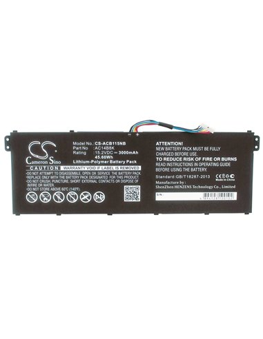 15.2V, 3000mAh, Li-Polymer Battery fits Gateway, Ne511, Ne512, 45.6Wh