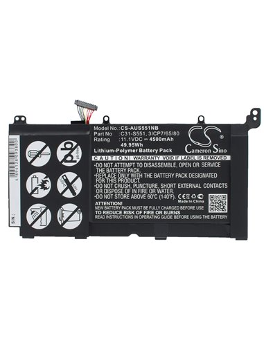 11.1V, 4500mAh, Li-Polymer Battery fits Asus, S551l, S551la, 49.95Wh