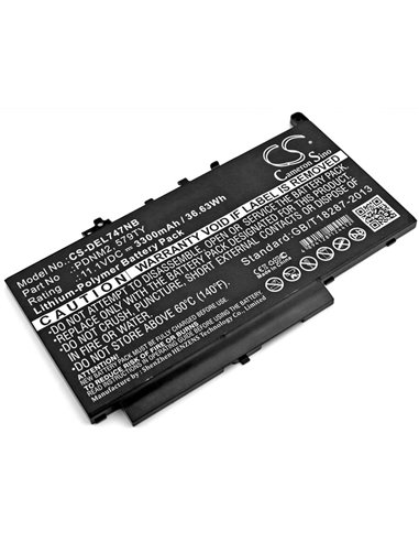 11.1V, 3300mAh, Li-Polymer Battery fits Dell, Latitude 12 E7270, Latitude 12 E7470, 36.63Wh