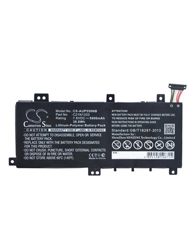 7.6V, 5000mAh, Li-Polymer Battery fits Asus, J550la, J550lab, 38Wh