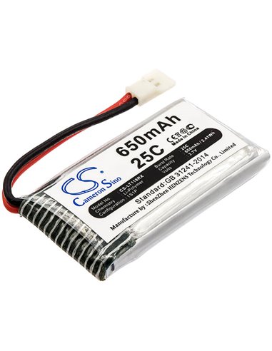 3.7V, 650mAh, Li-Polymer Battery fits Jjrc, RC Fpv H31, H37, H43wh, H5c, H6d, H9d, 2.405Wh