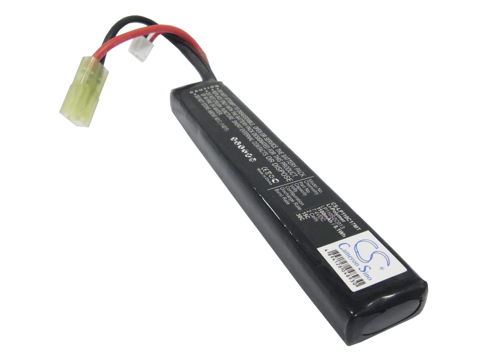 7.4V, 1100mAh, Li-Polymer Battery fits Airsoft Guns, Cs-lp110c17mt, 8.14Wh