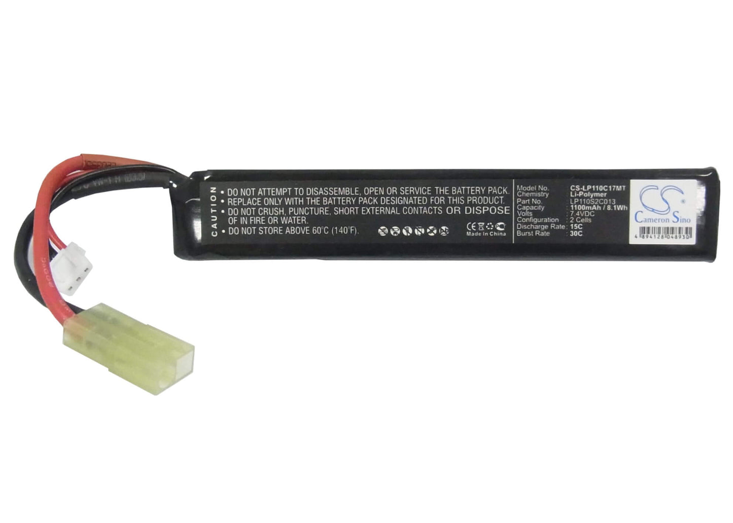 7.4V, 1100mAh, Li-Polymer Battery fits Airsoft Guns, Cs-lp110c17mt, 8.14Wh