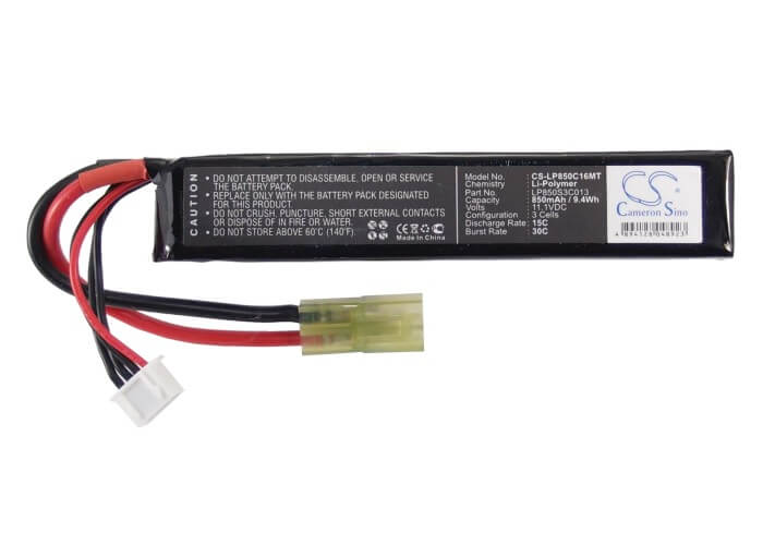 11.1V, 850mAh, Li-Polymer Battery fits Airsoft Guns, Cs-lp850c16mt, 9.435Wh